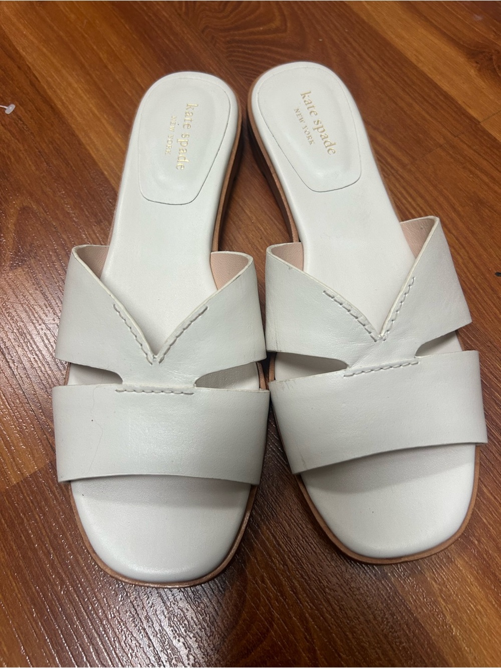 kate spade Ivory Leather Slide Sandals with V-Strap